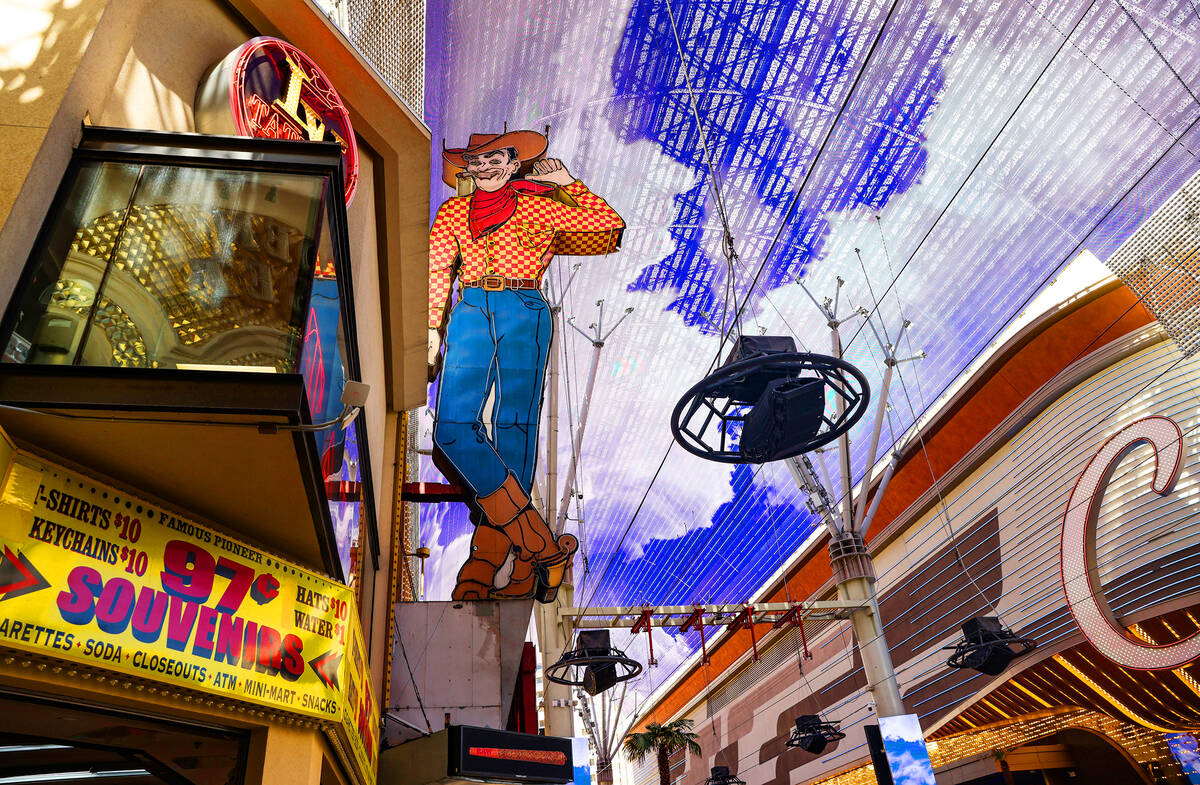 The Vegas Vic sign inside the Fremont Street Experience in Downtown Las Vegas, Wednesday, April ...