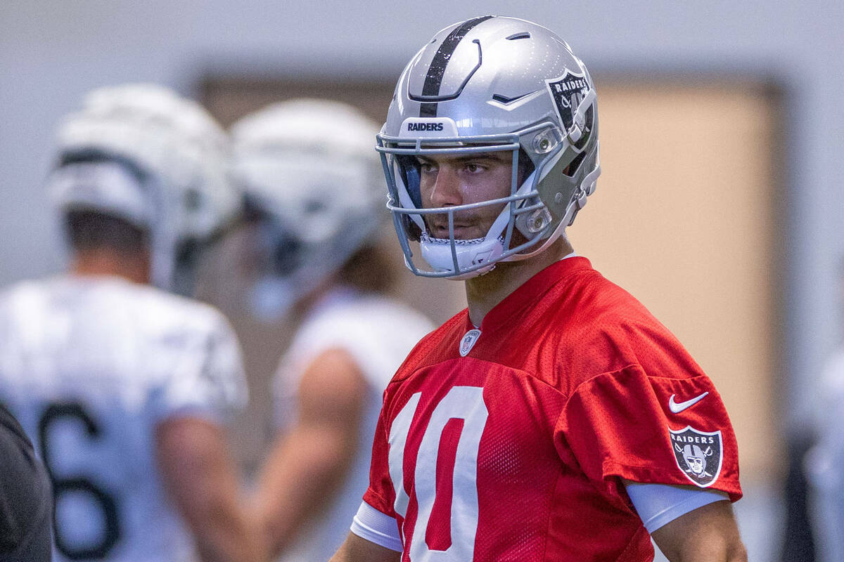 Raiders quarterback Jimmy Garoppolo (10) looks on during training camp at the Intermountain Hea ...