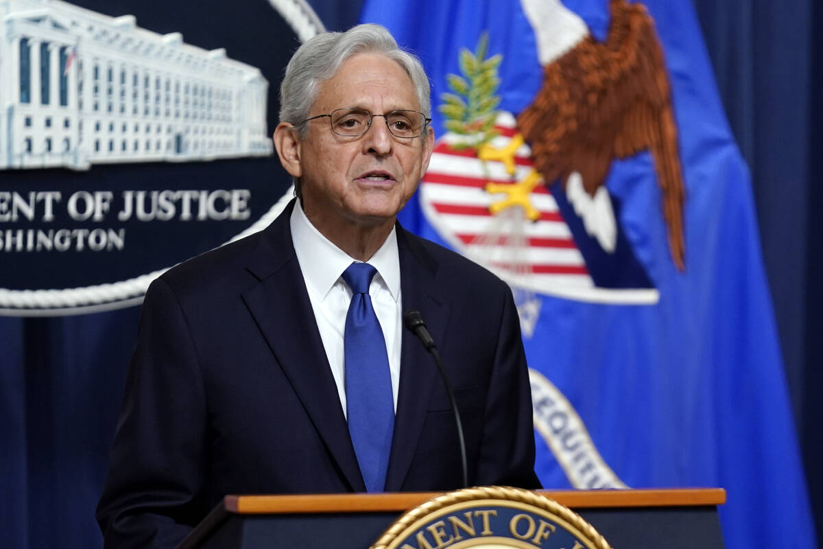 Attorney General Merrick Garland speaks at the Department of Justice on Friday, Aug. 11, 2023, ...