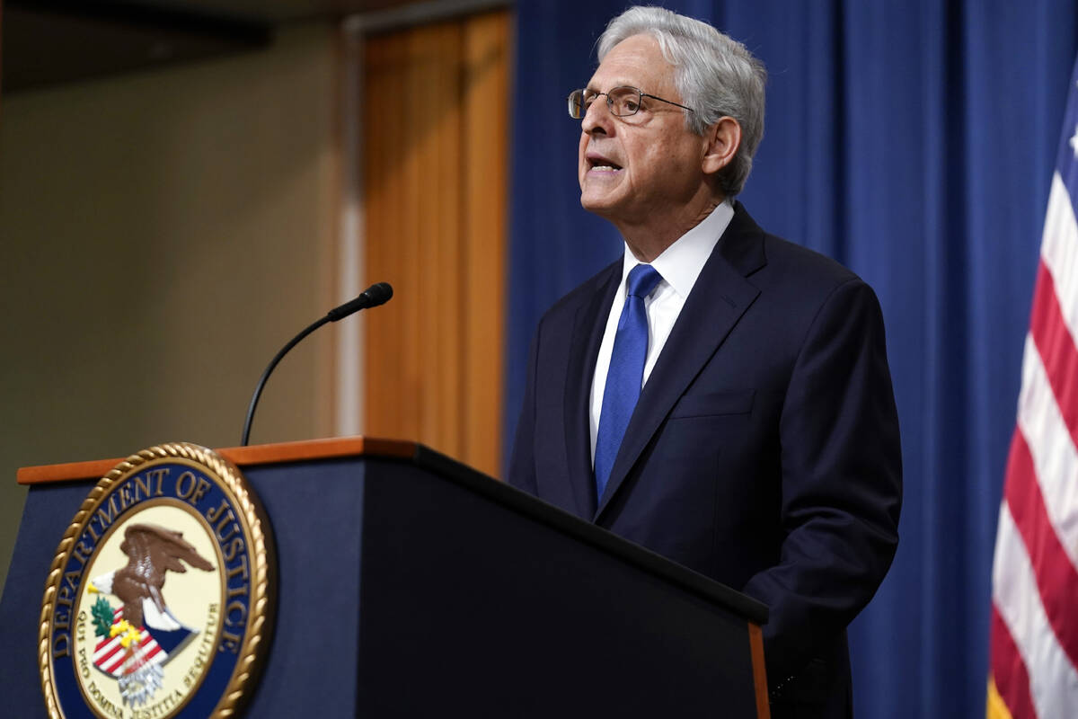 Attorney General Merrick Garland speaks at the Department of Justice on Friday, Aug. 11, 2023, ...