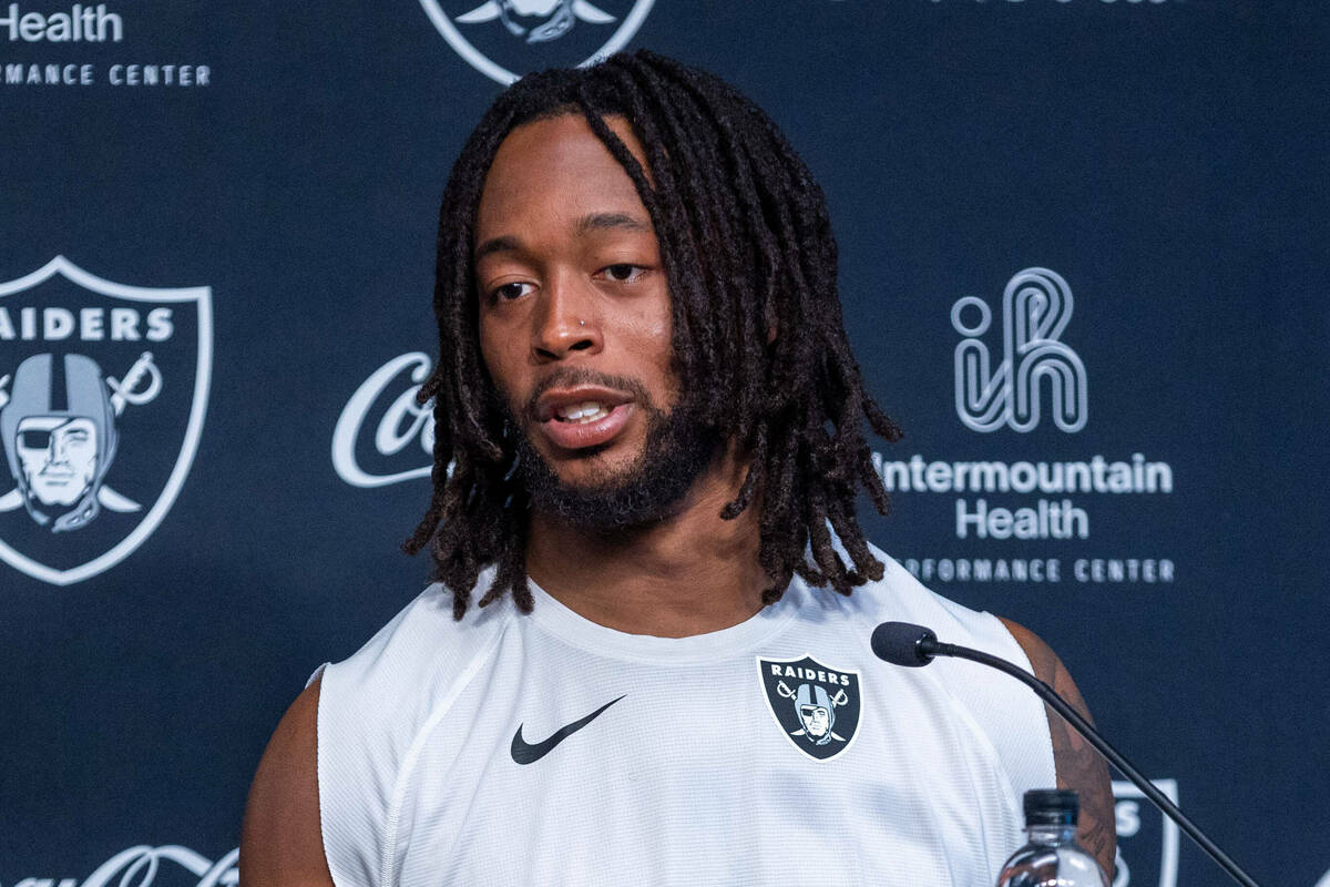 Raiders wide receiver Jakobi Meyers (16) answers a question in a press conference during traini ...