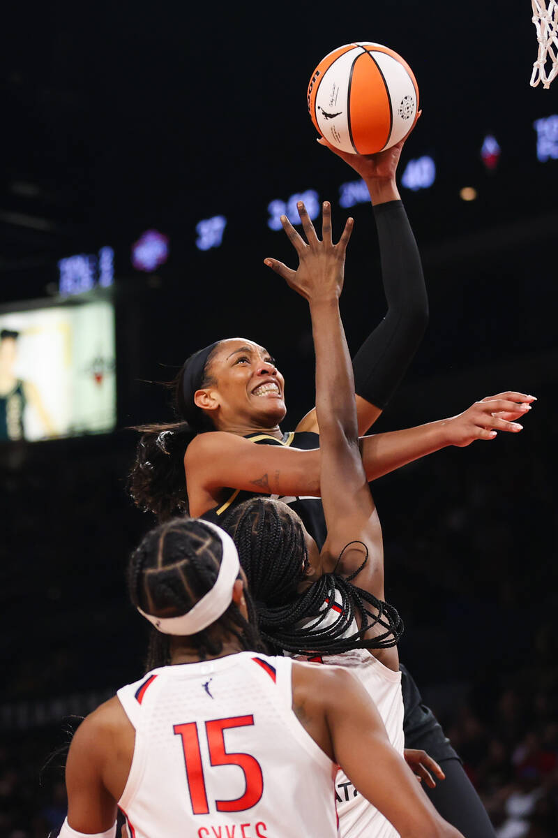 Las Vegas Aces forward A'ja Wilson (22) goes in for a layup during a WNBA game against the Wash ...