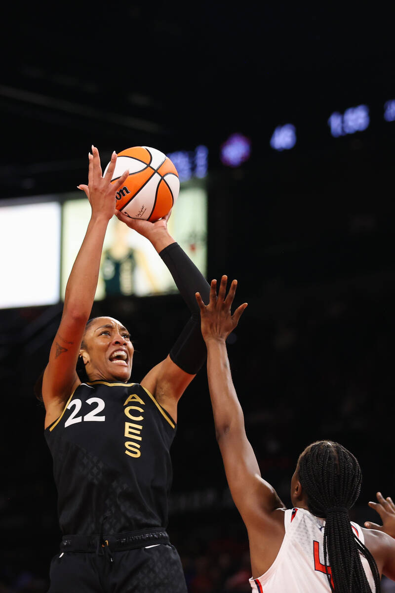 Las Vegas Aces forward A'ja Wilson (22) shoots a basket during a WNBA game against the Washingt ...