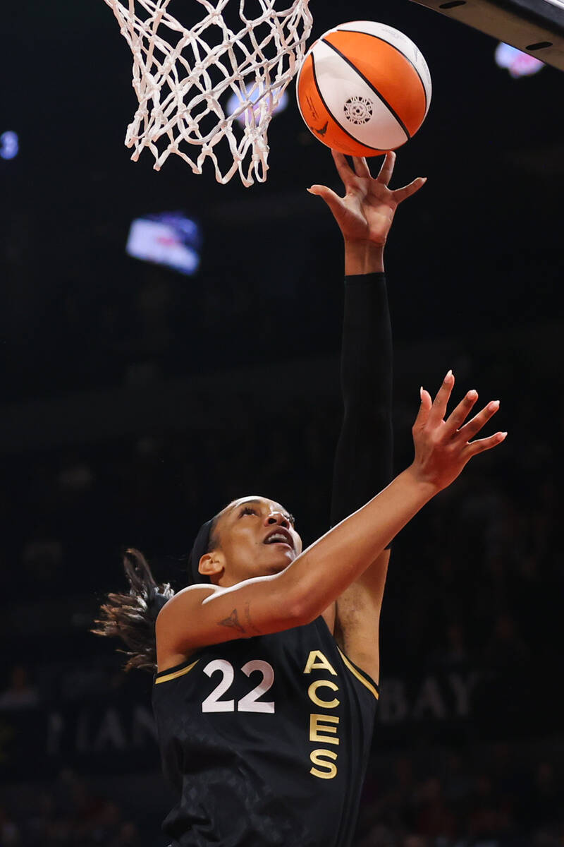 Las Vegas Aces forward A'ja Wilson (22) shoots a layup during a WNBA game against the Washingto ...