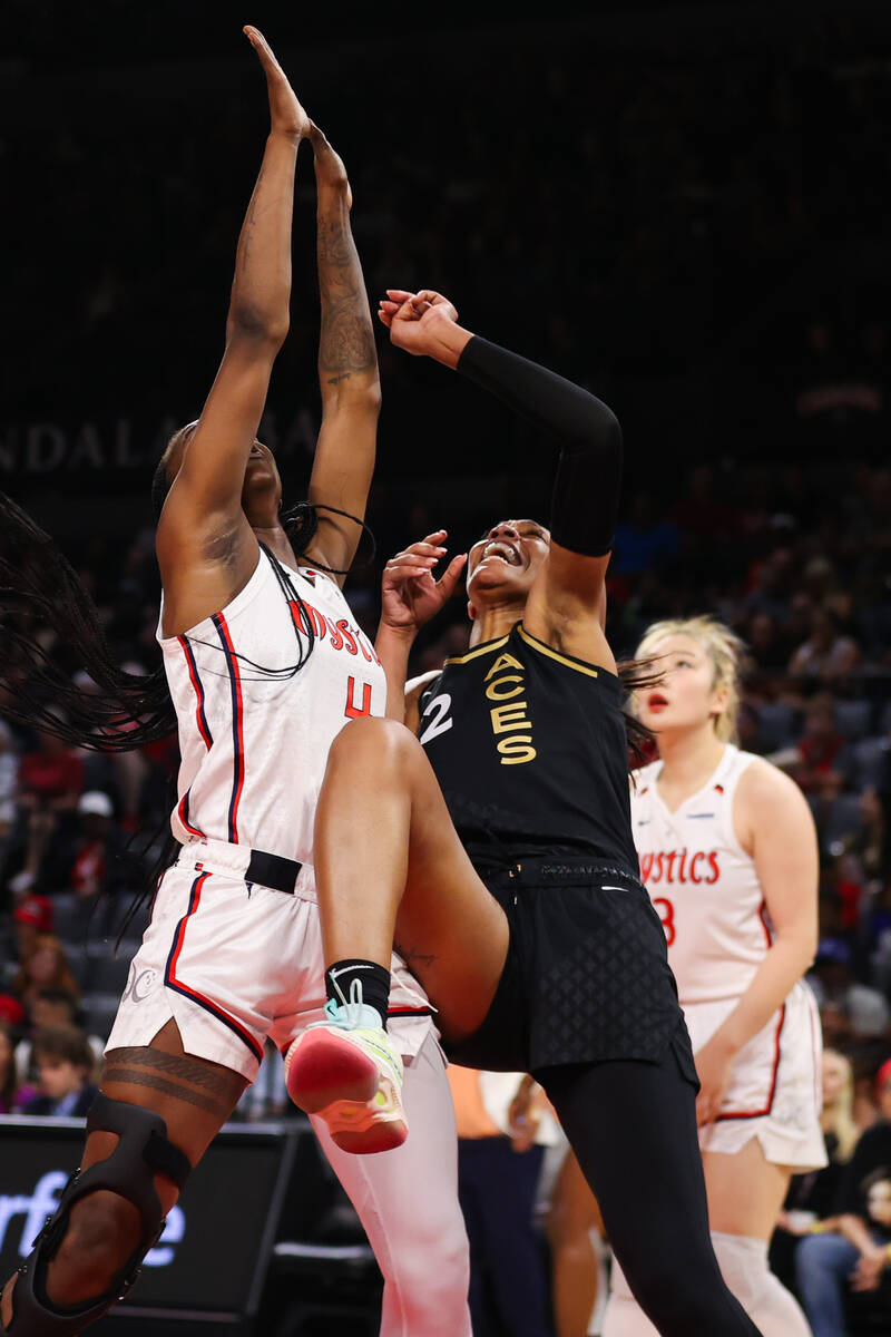 Las Vegas Aces forward A'ja Wilson (22) looks up to the basket moments after shooting a layup d ...