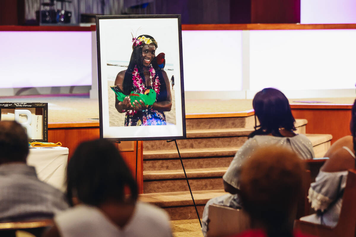 A photo of Jessica Rosalie Rhodes is seen during a celebration of life service in her honor at ...