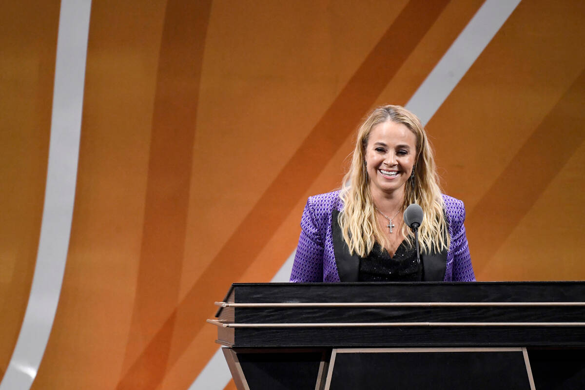 Becky Hammon speaks during her enshrinement at the Basketball Hall of Fame, Saturday, Aug. 12, ...