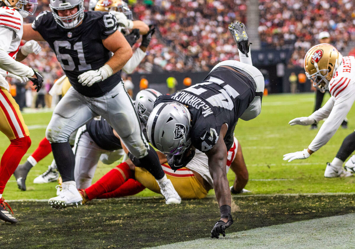 Raiders running back Sincere McCormick (47) dives into the end zone for a touchdown against the ...
