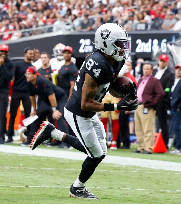 Las Vegas Raiders wide receiver Keelan Cole Sr. (84) runs for a touchdown during the first half ...