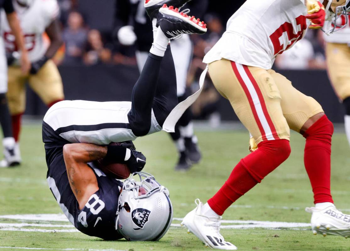 Raiders wide receiver Keelan Cole Sr. (84) catches a pass during the first half of an NFL prese ...
