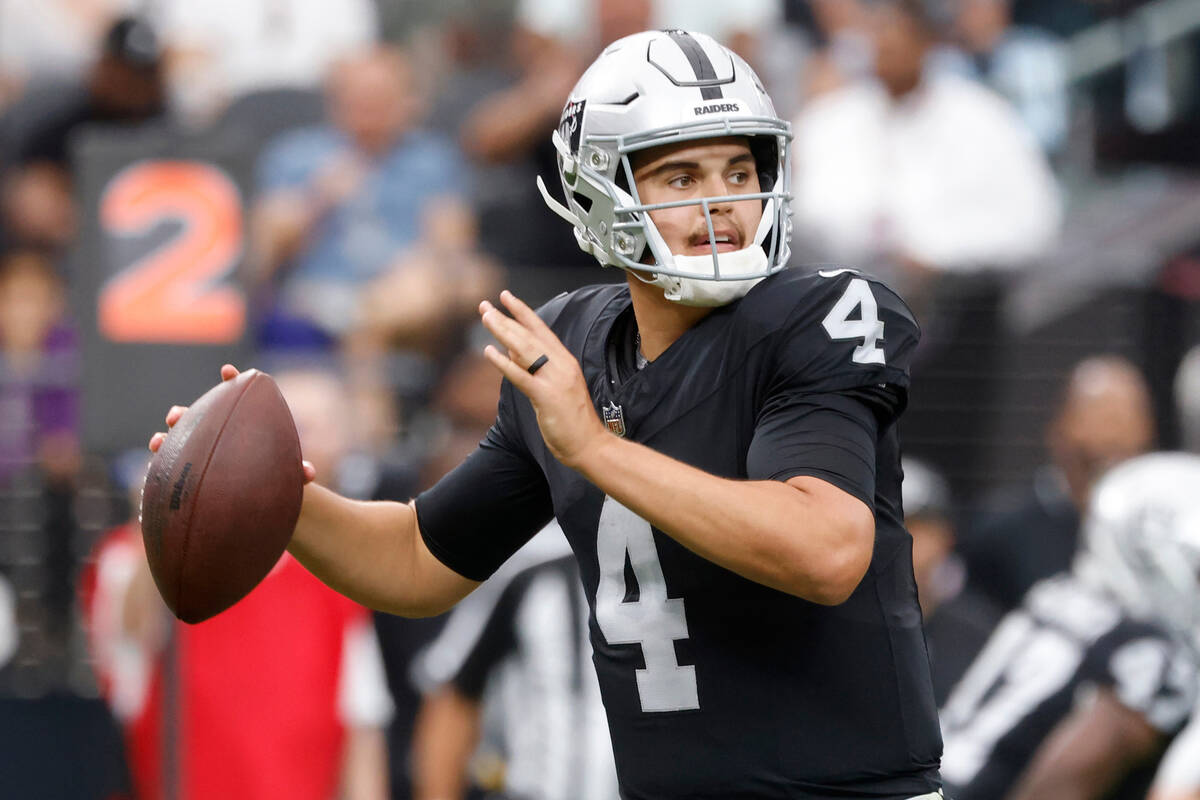 Raiders quarterback Aidan O'Connell (4) throws a pass during the second half of an NFL preseaso ...