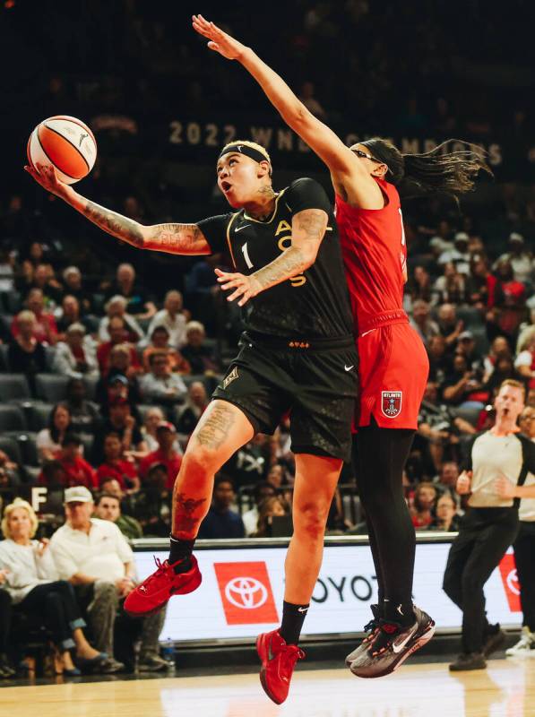 Aces forward Kierstan Bell (1) goes up for a basket during a game against the Atlanta Dream at ...