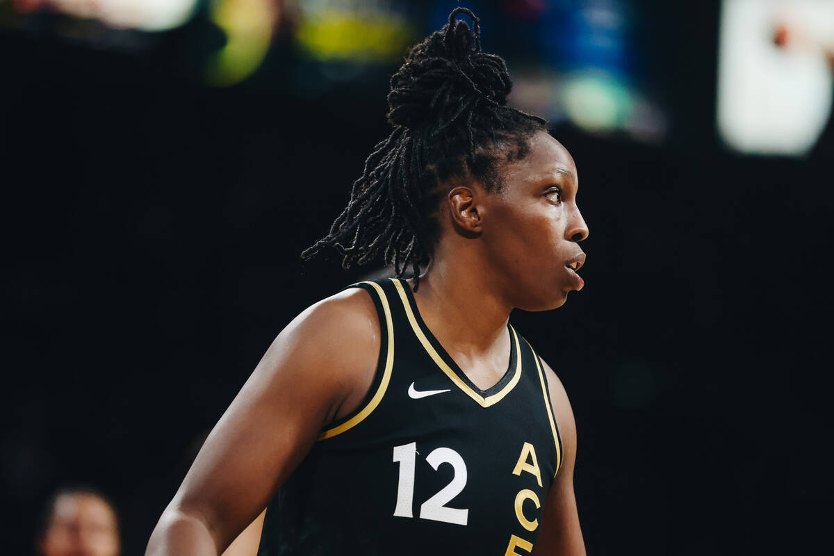 Aces guard Chelsea gray looks to a referee during a game against the Atlanta Dream at Michelob ...