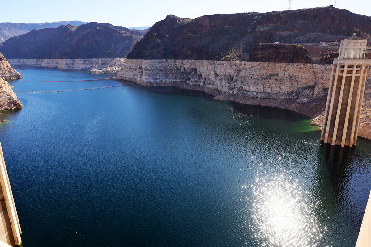 Lake Mead and the “bathtub ring” are shown at Hoover Dam outside Boulder City on April 11, ...