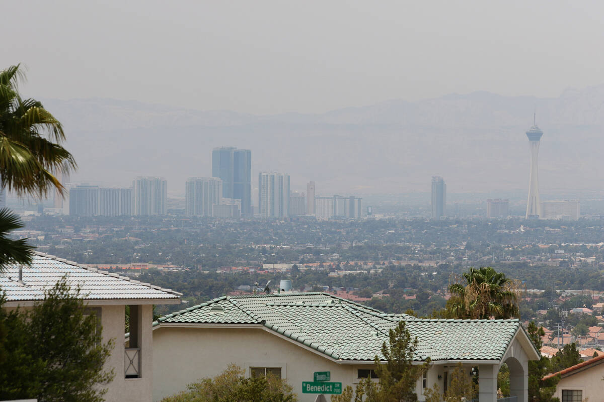 Haze is seen from the base of Frenchman Mountain covering the valley and downtown Las Vegas in ...