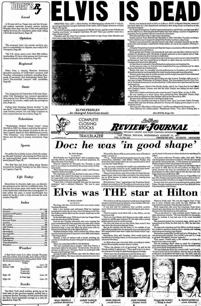 The Las Vegas Review-Journal's front page from Aug. 17, 1977 is shown.