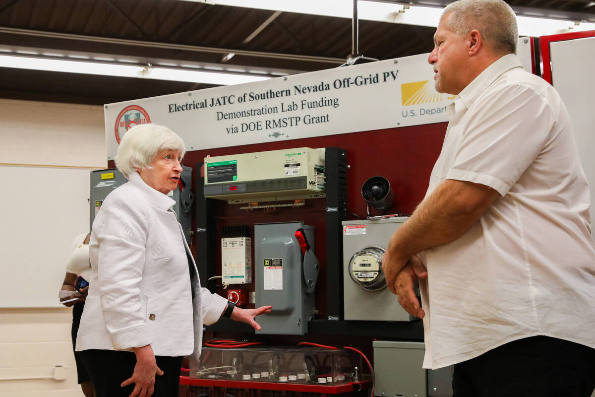 Secretary of Treasury Janet Yellen speaks with Guy Snow, senior renewable energy instructor, du ...