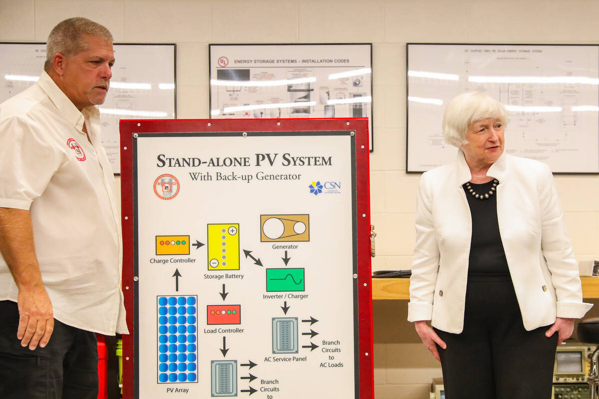 Secretary of Treasury Janet Yellen accompanies Guy Snow, senior renewable energy instructor, du ...