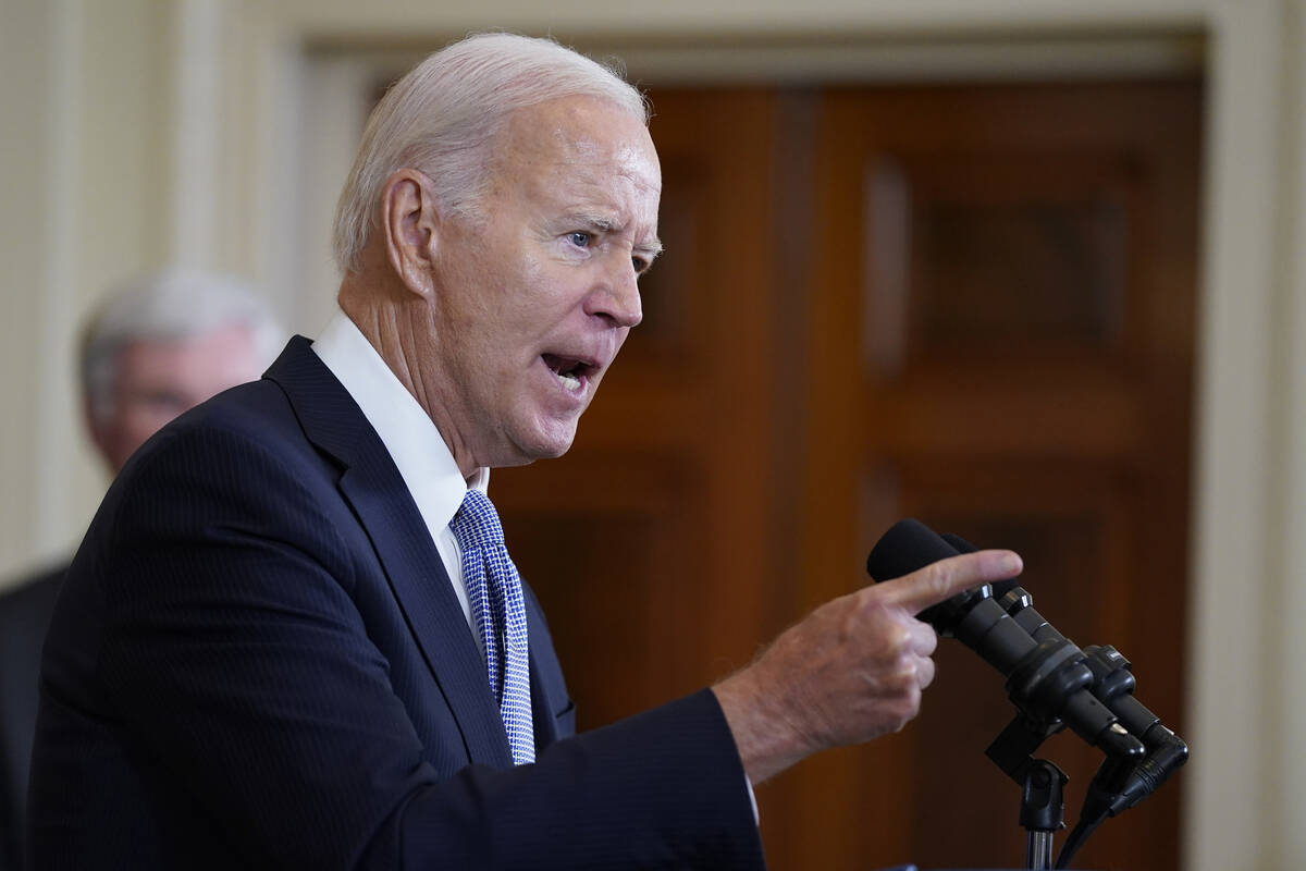 President Joe Biden speaks on the anniversary of the Inflation Reduction Act during an event in ...