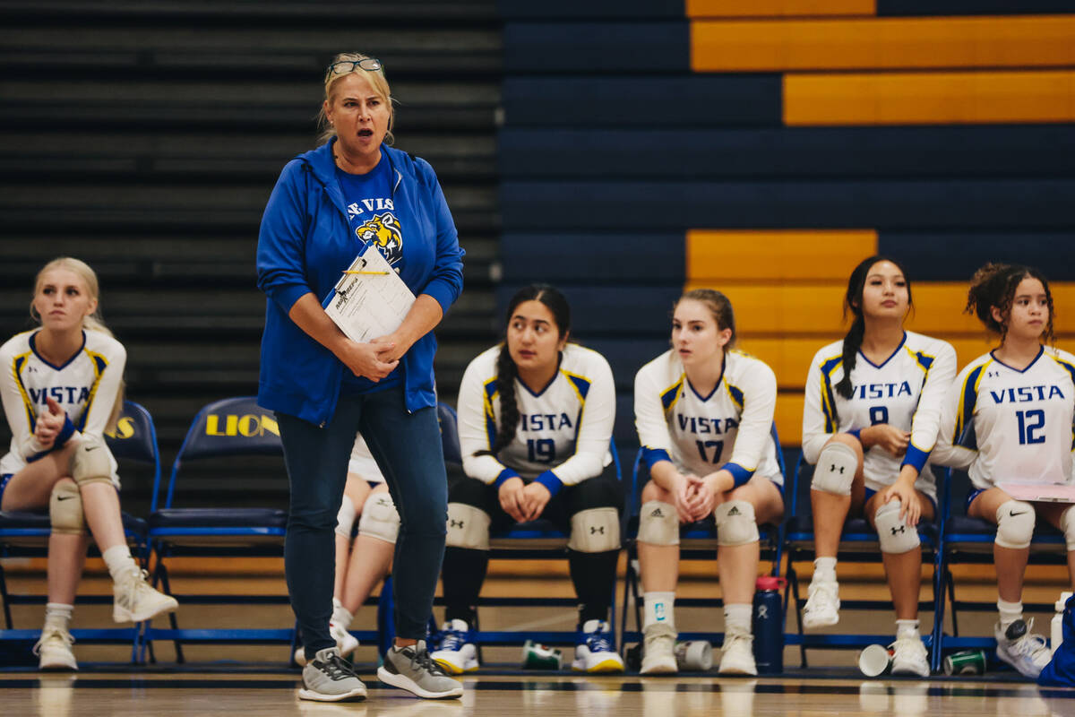 Sierra Vista head girls volleyball coach Camille McComas coaches from the sidelines during a ma ...