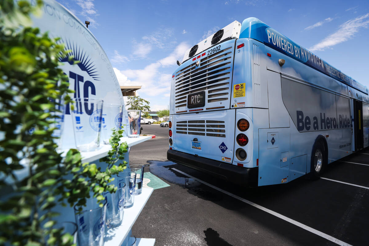Vegas’ first hydrogen cell fueled bus at an unveiling event at Harry Reid Research and T ...