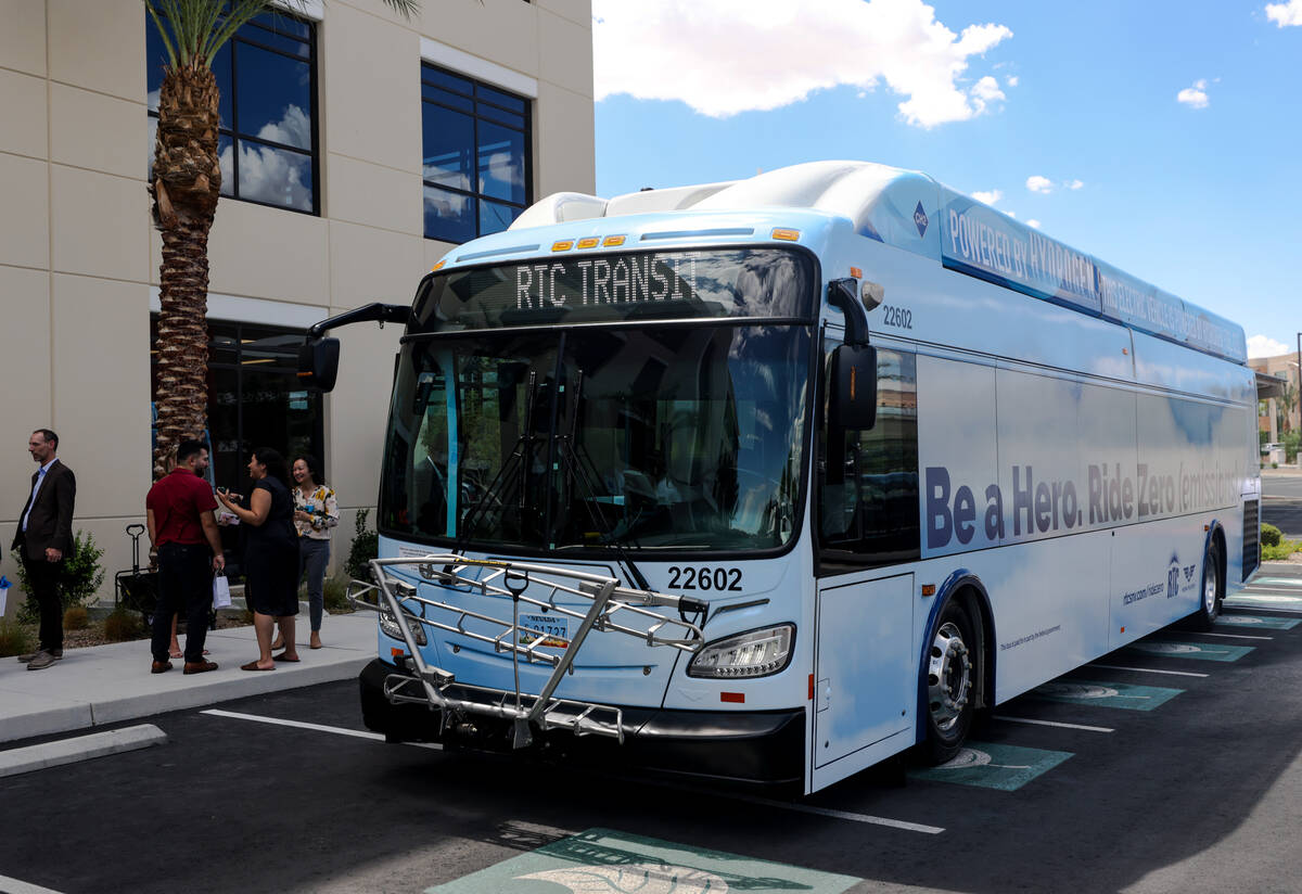 Vegas’ first hydrogen cell fueled bus at an unveiling event at Harry Reid Research and T ...