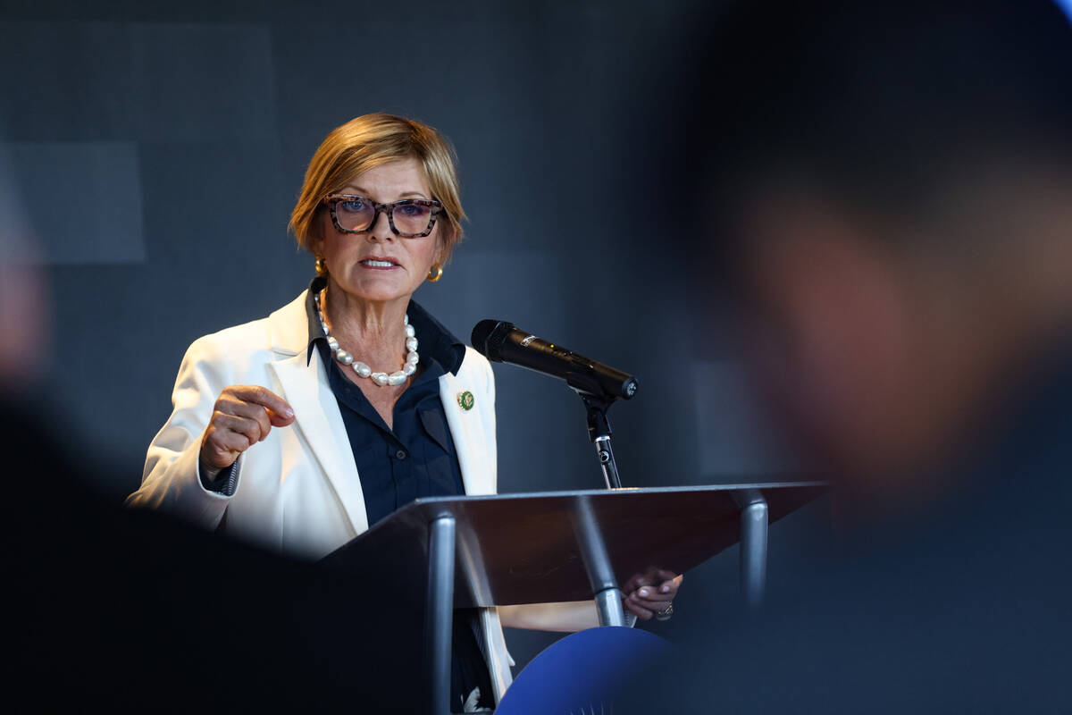 Nevada Democratic Rep. Susie Lee addresses the media and guests at an unveiling event for Vegas ...