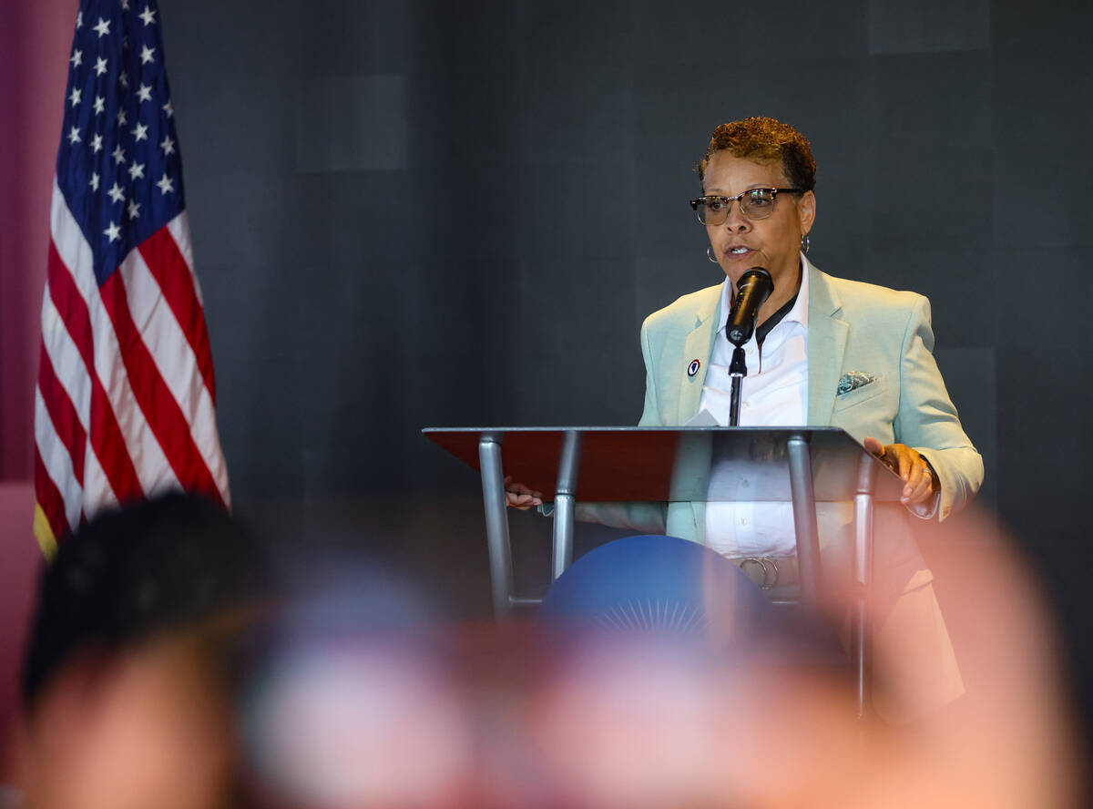 Nevada State Sen. Pat Spearman addresses the media and guests at an unveiling event for Vegas&# ...