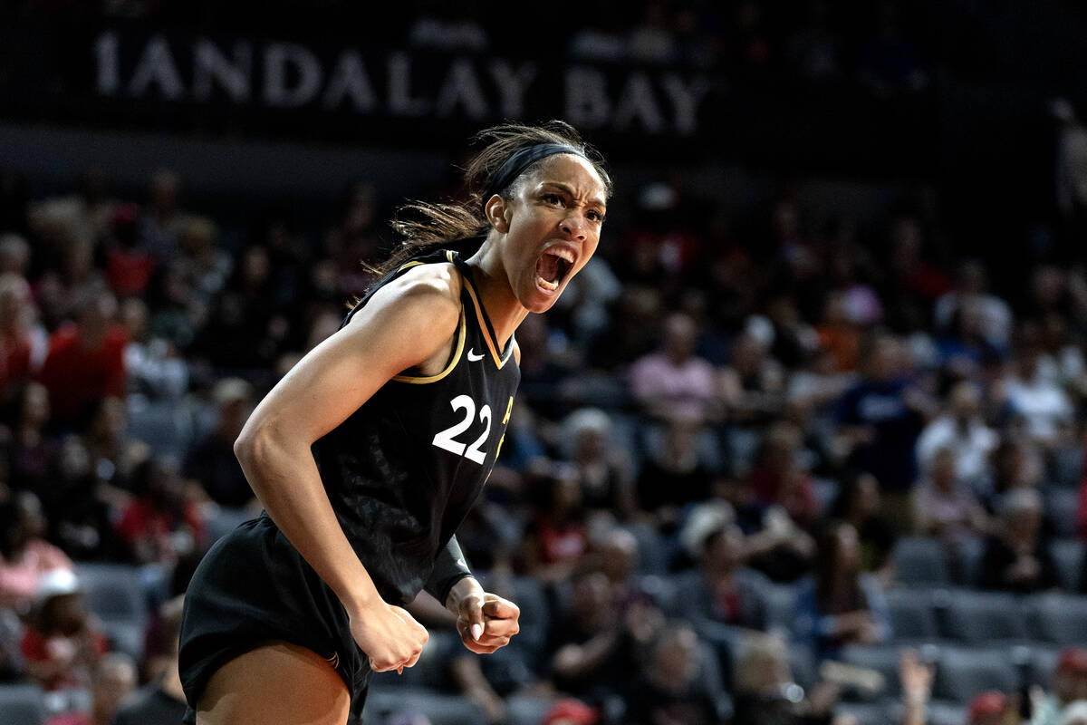 Las Vegas Aces forward A'ja Wilson (22) celebrates after scoring during the second half of a WN ...