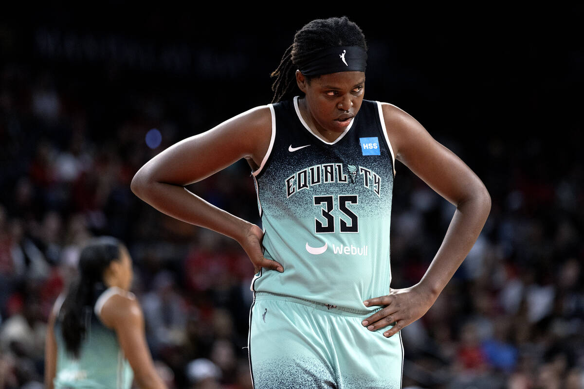 New York Liberty forward Jonquel Jones (35) reacts after referees charged her with a foul durin ...