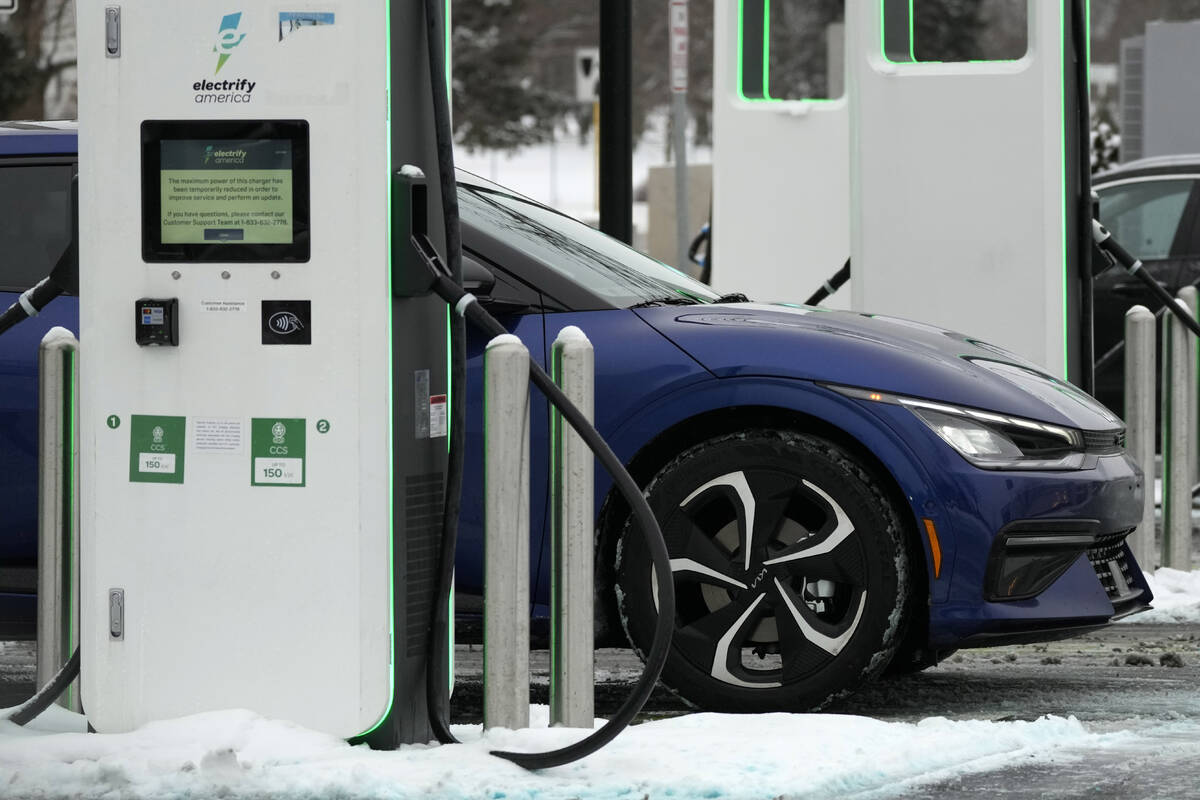 FILE - A Electrify America Charging Station for electric vehicles is seen at Westfield Old Orch ...