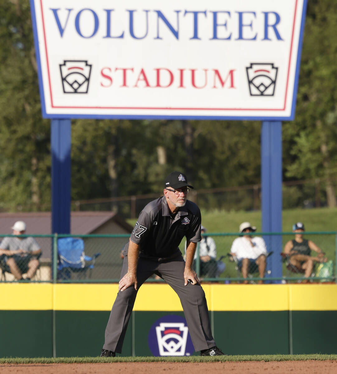 Second base umpire Ben Sprague of Las Vegas watches play during the Little League World Series ...