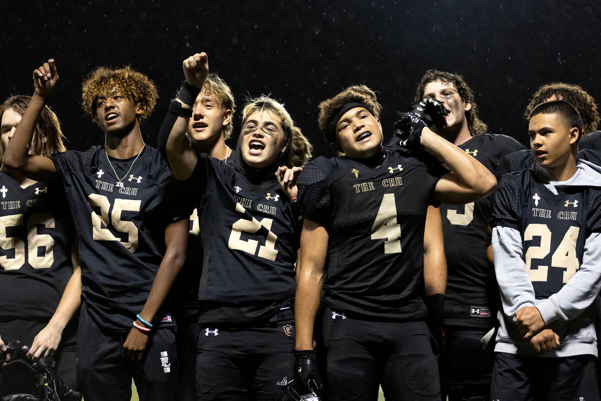 Faith Lutheran sings their fight song after winning a high school football game against Palo Ve ...