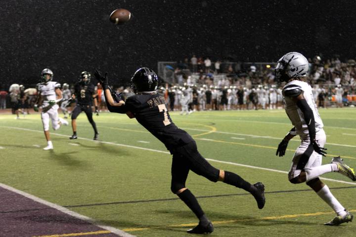 Faith Lutheran wide receiver Mason Aday (7) dives to catch for a touchdown during the second ha ...