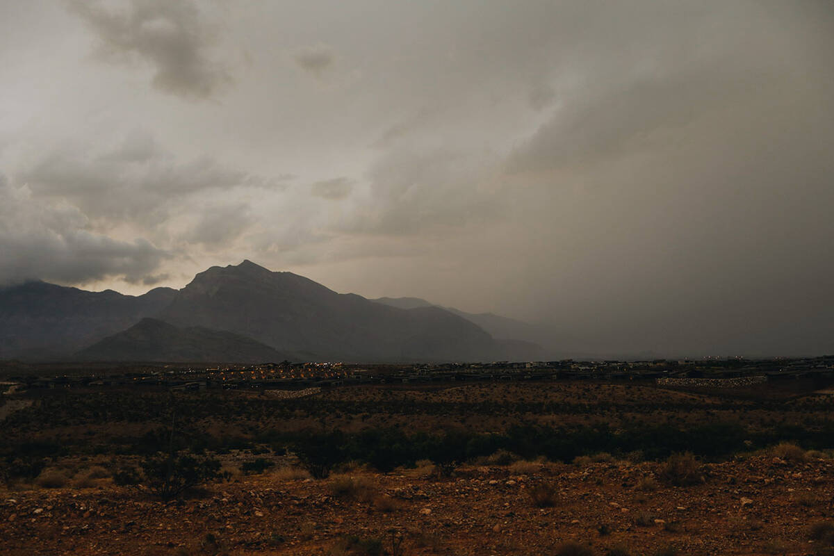 Rain settles in near Red Rock Canyon National Conservation Area on Friday, Aug. 18, 2023, in La ...