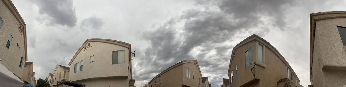 Dark clouds form over a Las Vegas subdivision on Friday, Aug. 18, 2023. (Christina Cook)