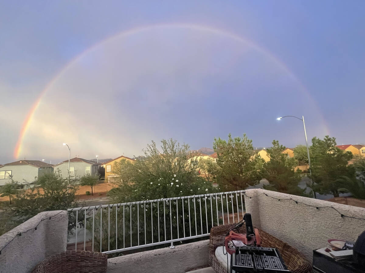 A rainbow appears over the Las Vegas Valley on Friday, Aug. 18, 2023. (Elena Santistevan)