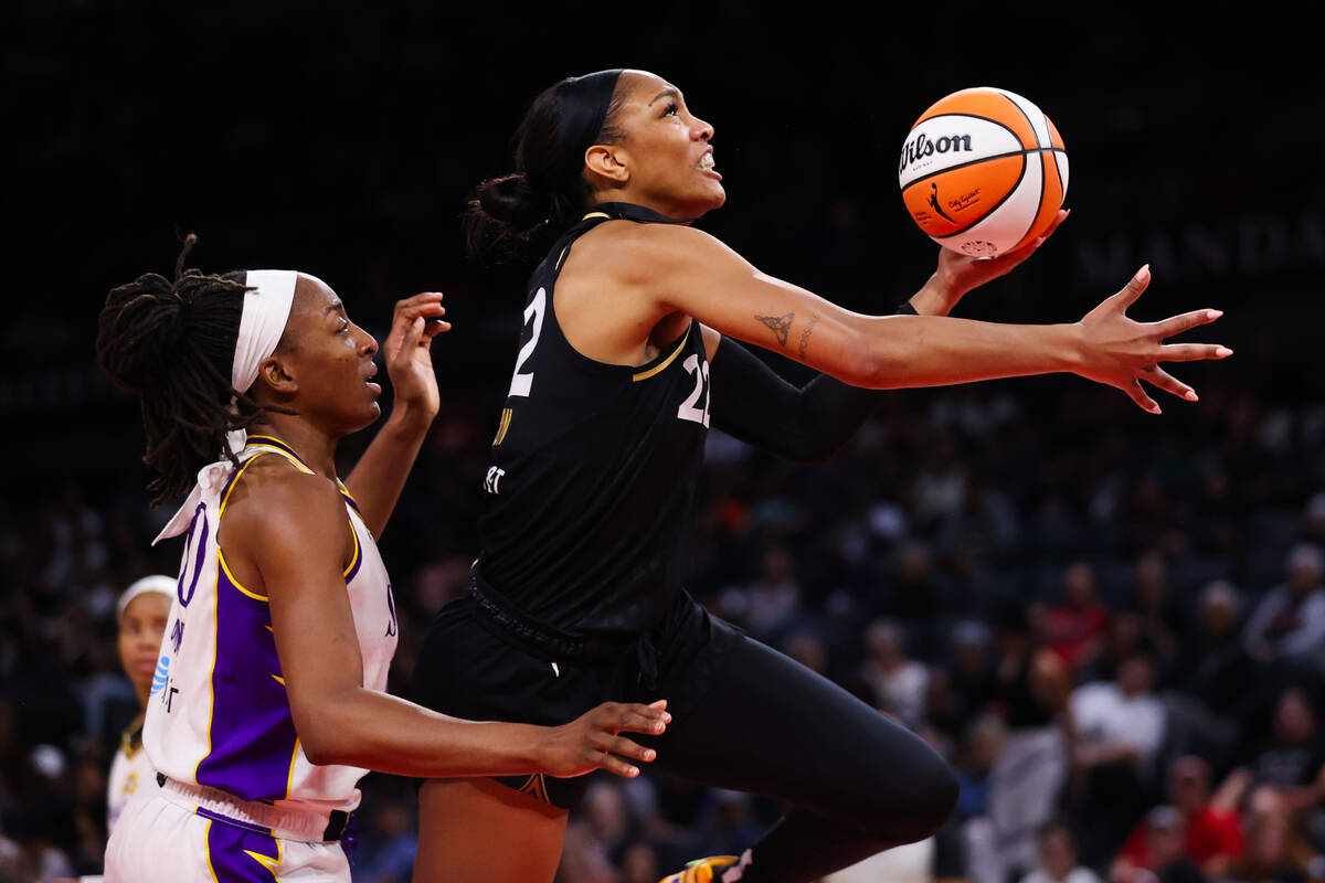 Las Vegas Aces forward A'ja Wilson (22) goes in for a layup during a WNBA game against the Los ...