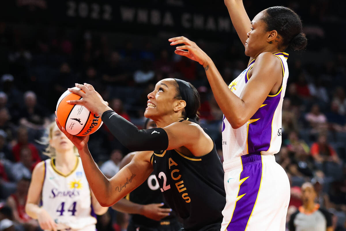 Las Vegas Aces forward A'ja Wilson (22) looks up at the basket and prepares to take a shot duri ...