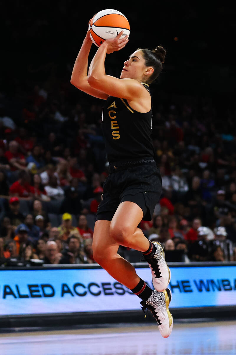 Las Vegas Aces guard Kelsey Plum (10) shoots a jump shot during a WNBA game against the Los Ang ...