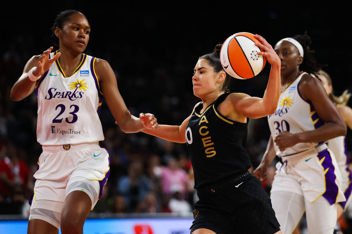 Las Vegas Aces guard Kelsey Plum (10) dribbles the ball past Los Angeles Sparks forward Azura S ...