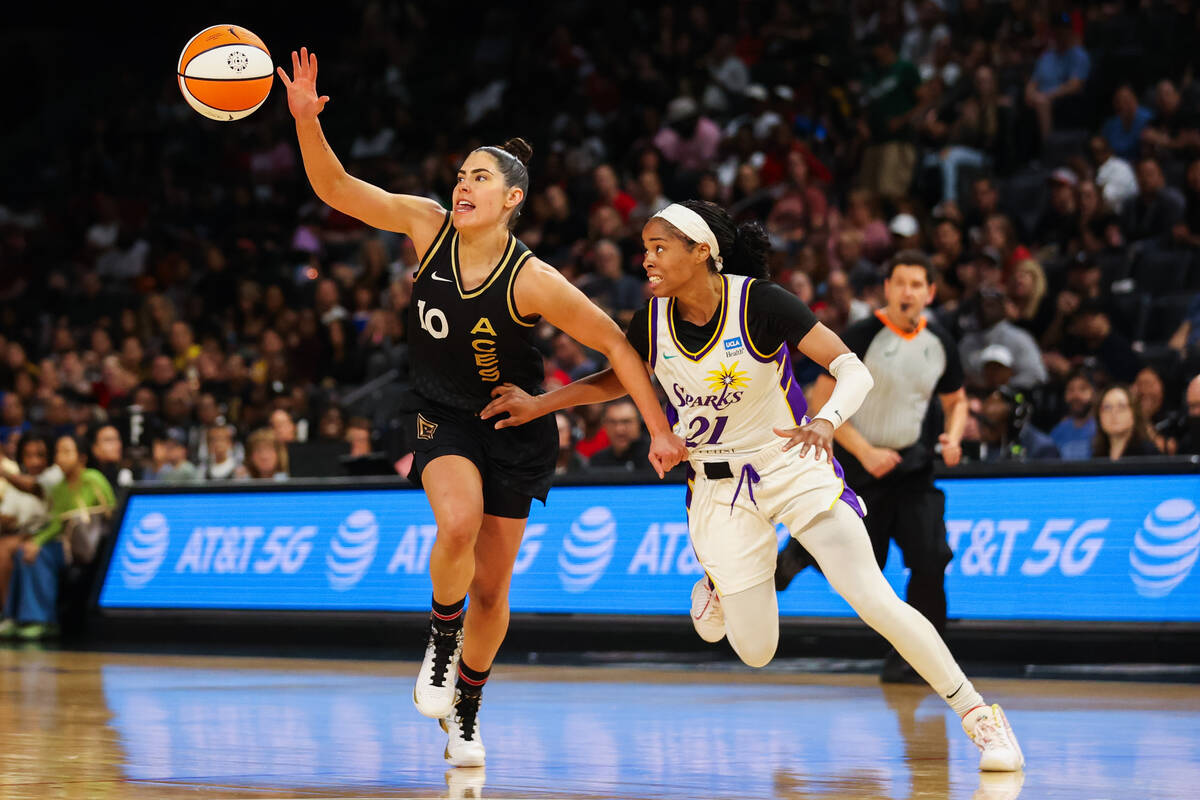 Las Vegas Aces guard Kelsey Plum (10) catches a pass from a teammate during a WNBA game against ...