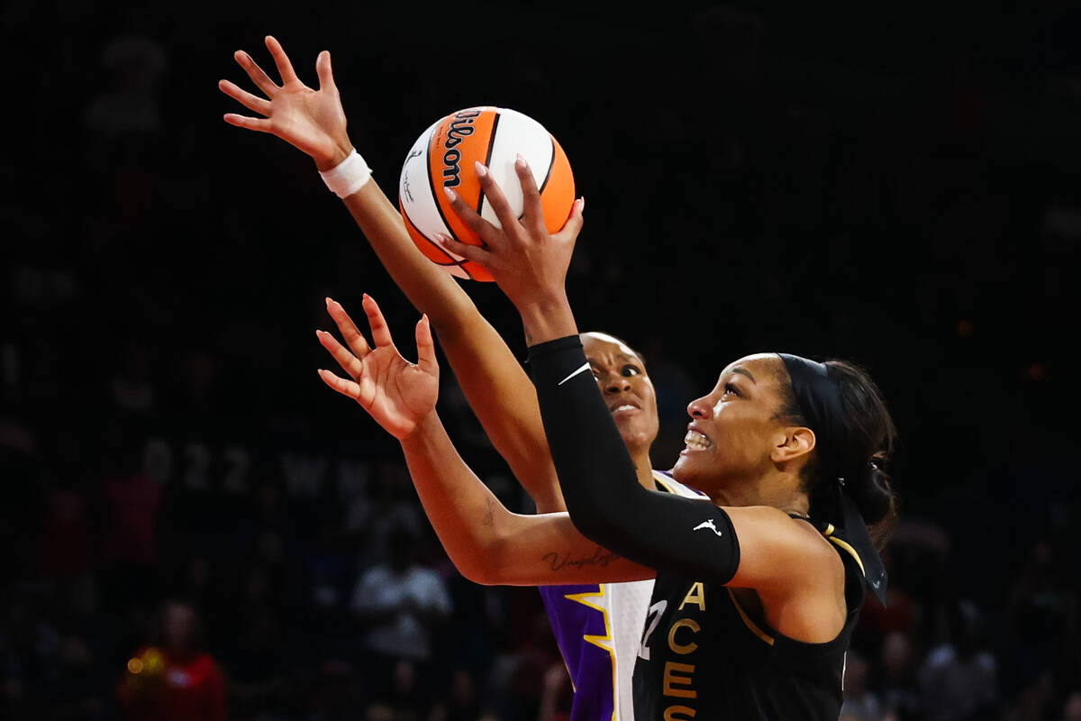 Las Vegas Aces forward A'ja Wilson (22) goes in for a layup during a WNBA game against the Los ...