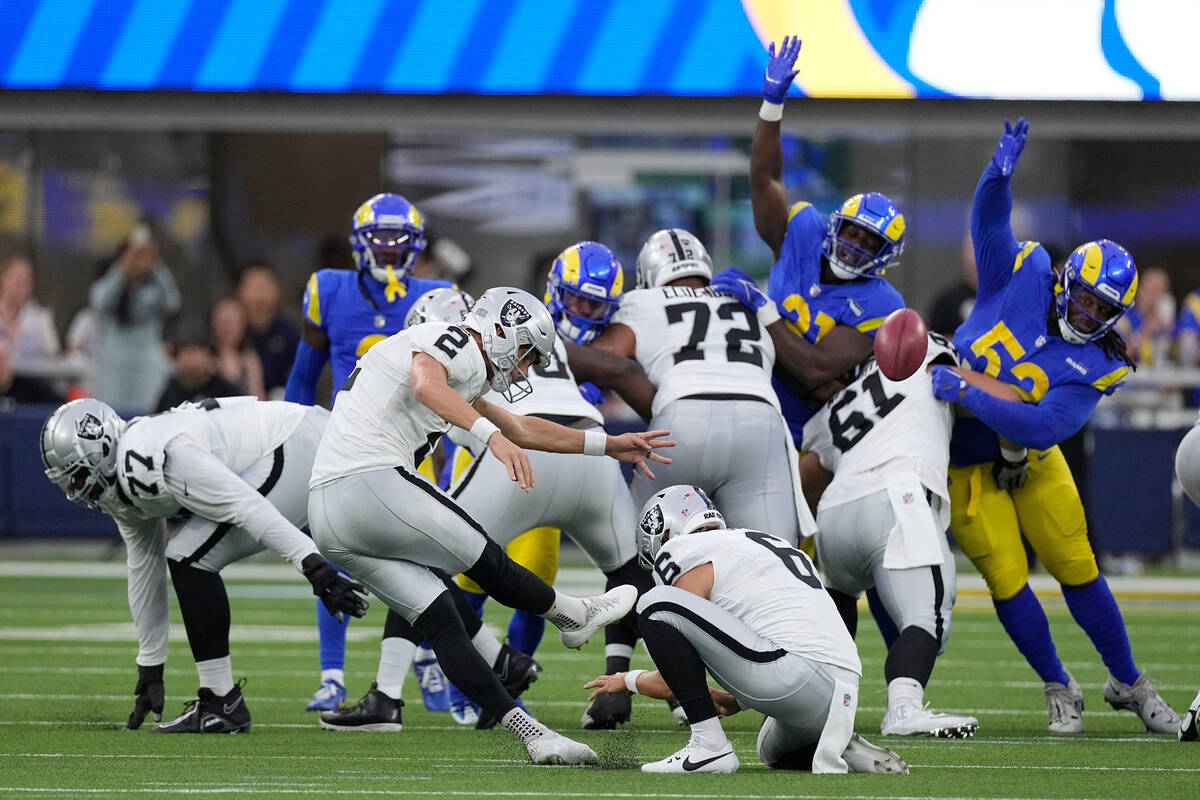 Las Vegas Raiders place-kicker Daniel Carlson makes a field goal during the first half of a pre ...