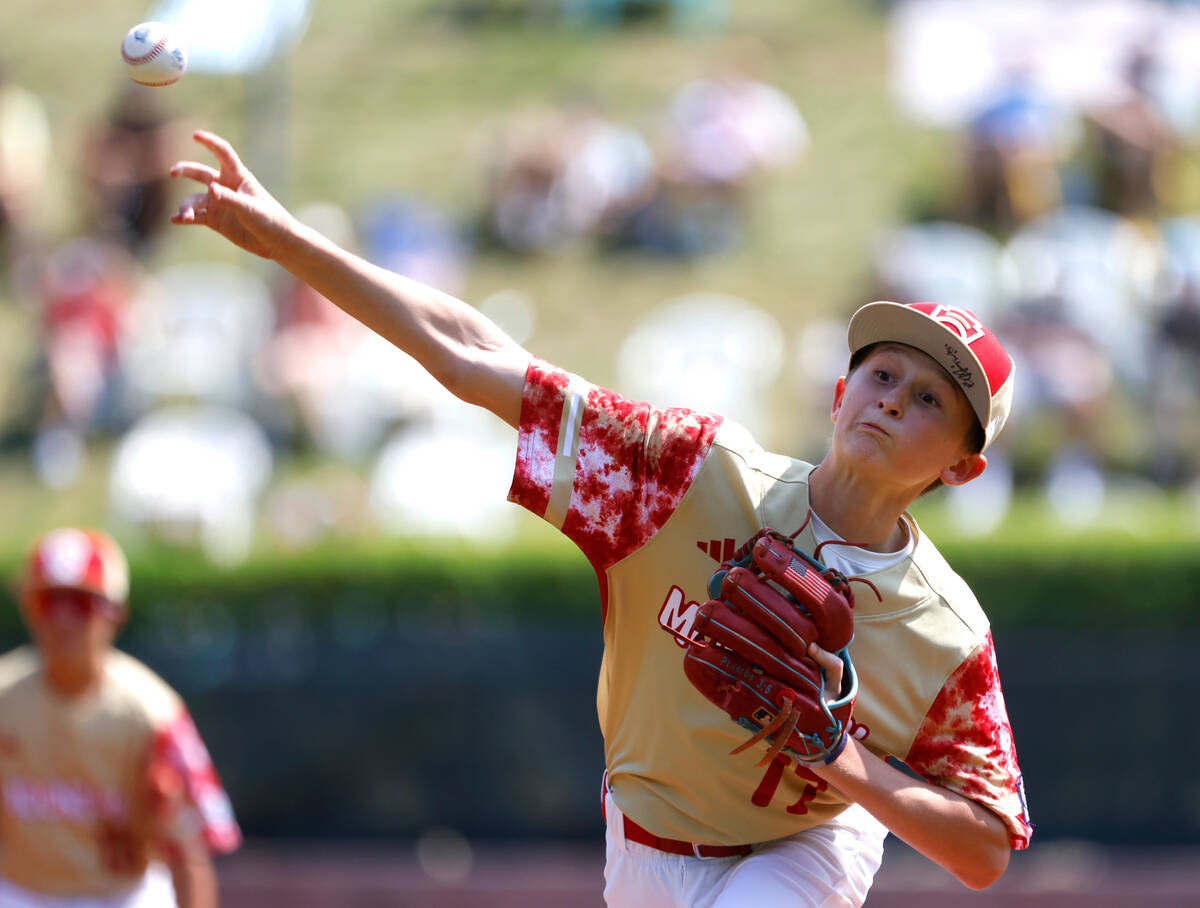 The Henderson All-Stars pitcher Jaxson McMullin delivers a pitch against Fargo, North Dakota, d ...