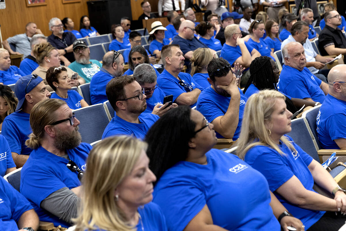 Clark County Education Association teachers union members pack the room during a school board m ...