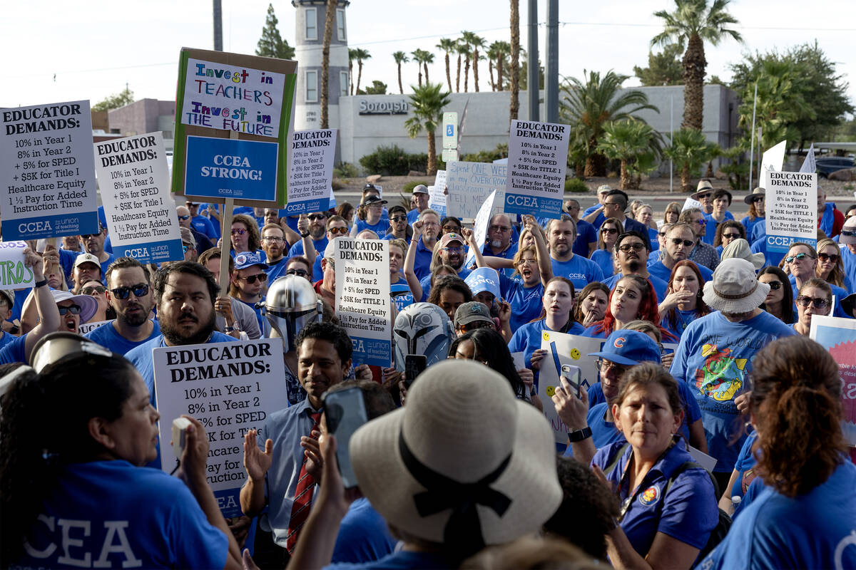 Clark County Education Association teachers union members protest outside CCSD’s Greer E ...