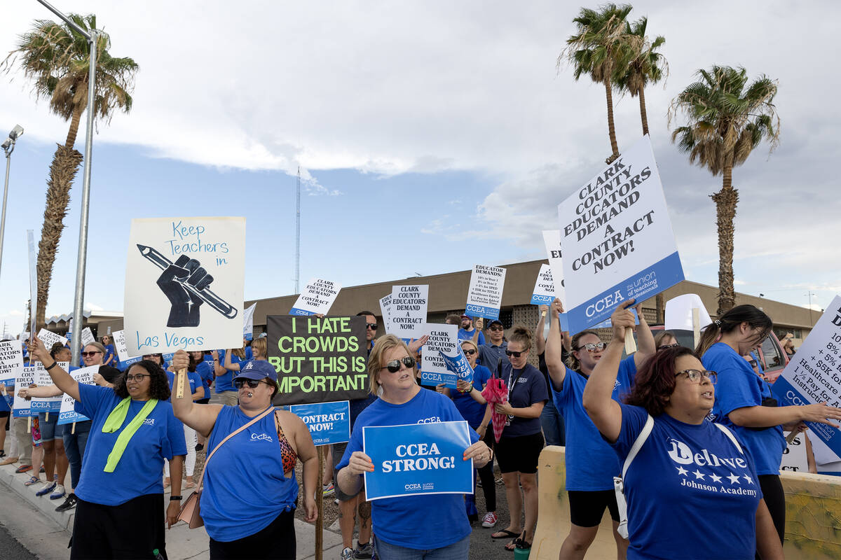 Clark County Education Association teachers union members protest outside CCSD’s Greer E ...