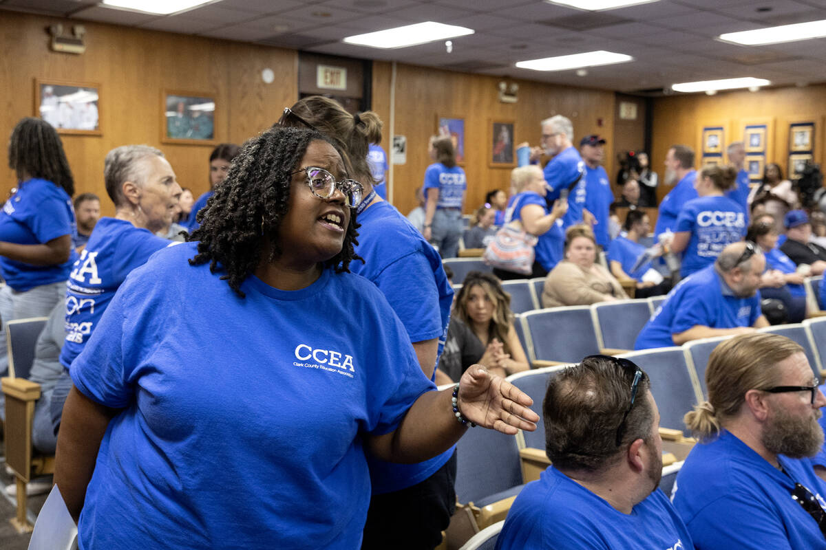 Clark County Education Association teachers union members are upset while leaving a school boar ...