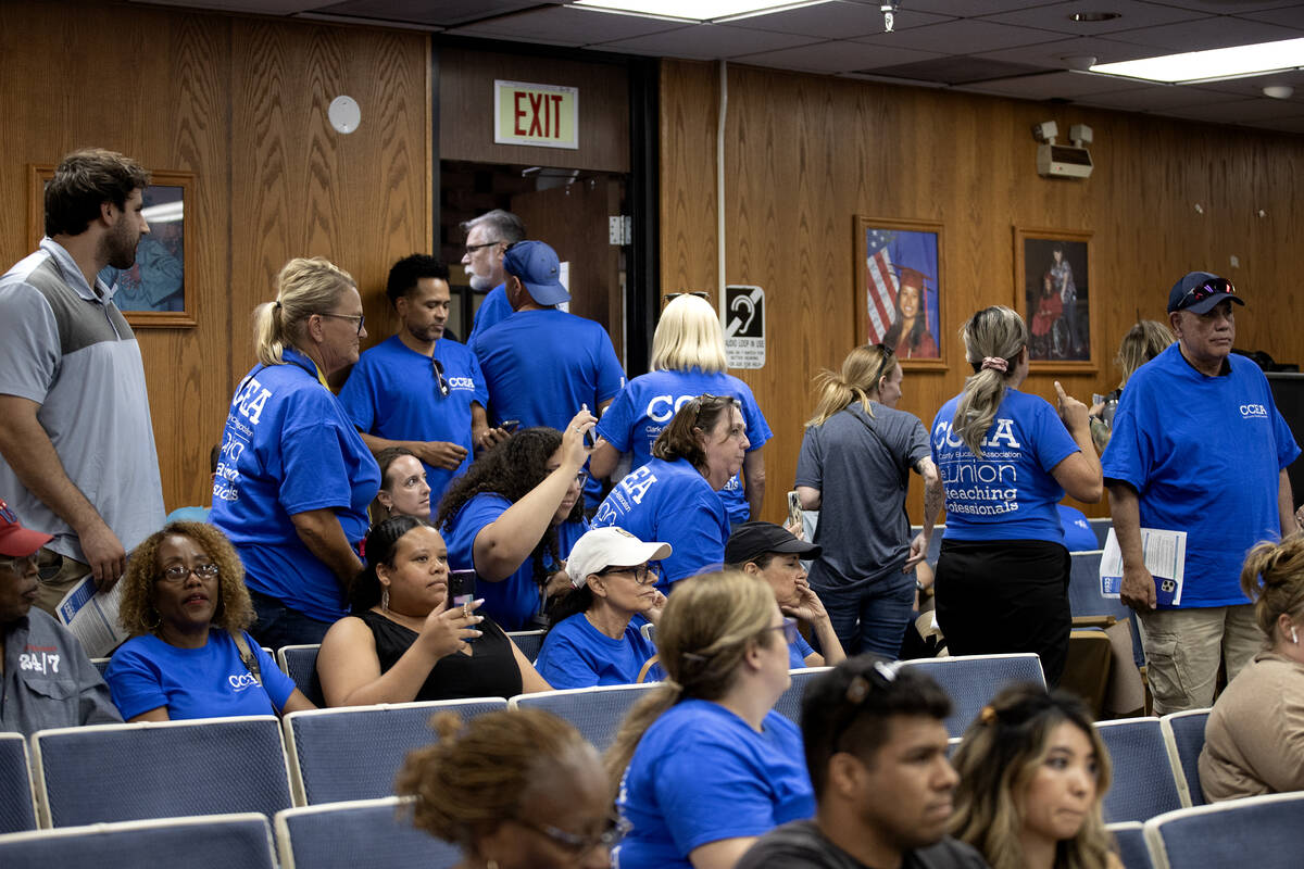 Clark County Education Association teachers union members are upset while leaving a school boar ...